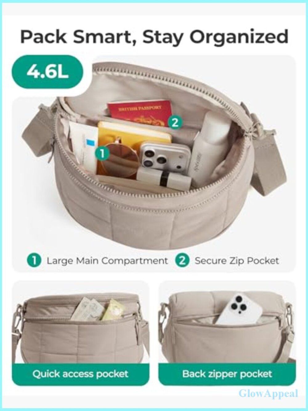 Quilted Puffer Crossbody Bag with Detachable Pouch - Picture 2 of 7